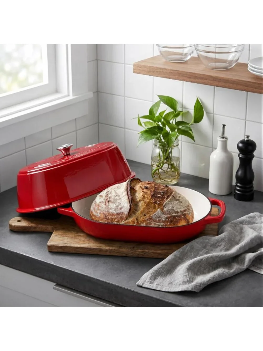 Enameled Cast Iron Dutch Oven with Dome Lid, 6 Quart for Sourdough Baking, Red